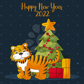 Symbol of 2022. Blue square New Year card in hand draw style. Christmas tree, gifts, tiger. Year of the tiger 2022. Cartoon illustration for cards, calendars, posters