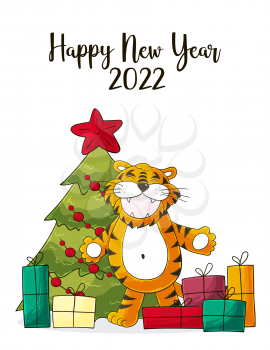Symbol of 2022. Christmas tree, gifts, tiger. New year 2022. New Year card in hand draw style. Cartoon illustration for postcards