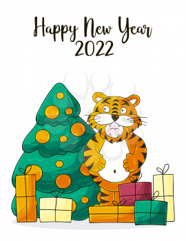 Symbol of 2022. Christmas tree, gifts, tiger. New year 2022. New Year card in hand draw style. Cartoon illustration for postcards, calendars, posters