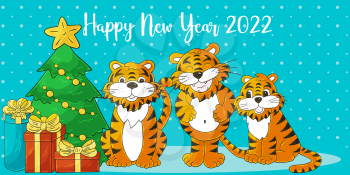 Symbol of 2022. Long New Year card in hand-draw style. Christmas tree, gifts. Three tigers. Cartoon illustration for postcards, calendars, posters