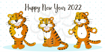 Symbol of 2022. New Year vector greeting card in hand draw style. New Year. Three tigers. Cartoon illustration for postcards, calendars, posters, flyers