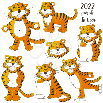 Symbol of 2022. Set of tigers in hand draw style. Faces of tigers. New Year 2022. Collection of illustrations