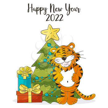 Symbol of 2022. Square New Year card in hand draw style. Christmas tree, gifts, tiger. Year of the tiger 2022. Cartoon illustration
