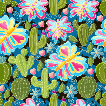 Tropical pattern of various cacti, aloe. Seamless botanical illustration. Butterfly, flowering exotic plants