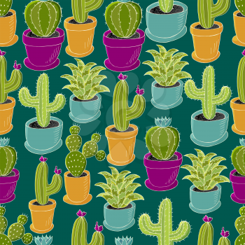 Tropical wallpaper in green colors. Trendy image is ideal for fabrics, backgrounds, design creativity. Seamless pattern of different cacti. Cute vector background