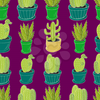 Tropical wallpaper in green colors. Trendy image is ideal for fabrics, backgrounds, design creativity. Seamless pattern of different cacti. Cute vector background of flowerpots
