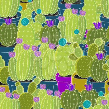 Tropical wallpaper in green colors. Trendy image is ideal for fabrics, design creativity. Seamless pattern of different cacti. Cute vector background