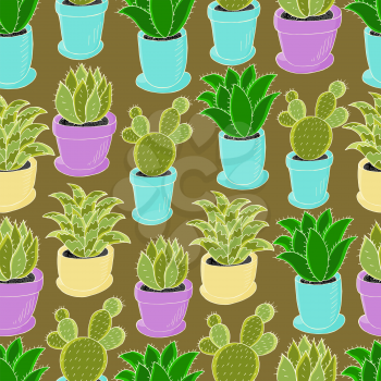 Tropical wallpaper in green colors. Trendy Seamless pattern of different cacti. Cute vector background