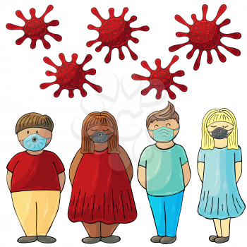 Coronavirus in humans. Men and women, coronavirus bacteria in hand draw style