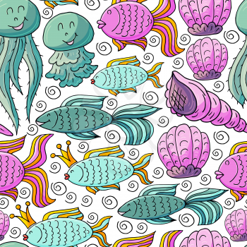 Vector illustration, ocean, underwater world, marine clipart. Summer style. Seamless pattern for cards, flyers, banners, fabrics. Jellyfish, fish shells on a white background