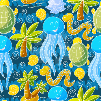 Vector illustration, ocean, underwater world, marine clipart. Summer style. Seamless pattern for cards, flyers, banners, fabrics. Palm tree, turtle, snake jellyfish on a blue background