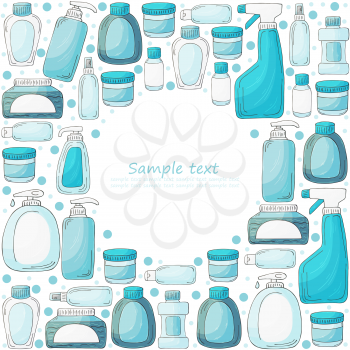 Vector round frame of elements. Set of bathroom elements in hand draw style. Collection of cans, packages, tubes. Antiseptic, toothpaste, gel, soap, cream, rinse