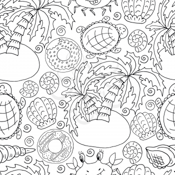 Vector Seamless pattern in hand draw style. Liner illustration. Pattern, background on the marine theme. Palm trees, turtles