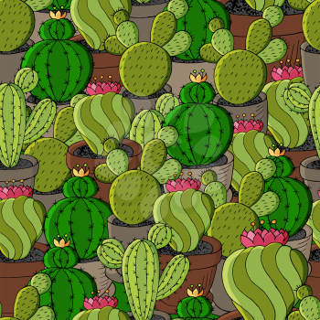 Vector seamless pattern of different cacti. Cute background from tropical plants. Exotic wallpaper in green colors. The trendy image is ideal for fabrics