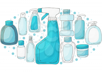 Vector set elements in the shape of an oval. Bathroom elements in hand draw style. Collection of cans, packages, tubes. Antiseptic, toothpaste, gel, soap