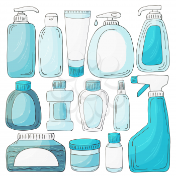 Vector set of design elements. Set of bathroom elements in hand draw style. Collection of cans, packages, tubes. Antiseptic, toothpaste, gel, soap, cream, rinse