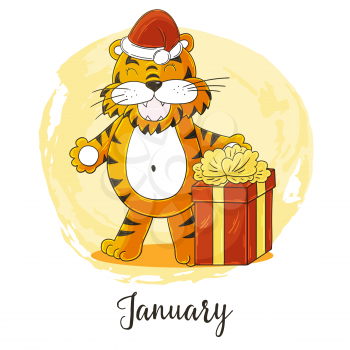 Year 2022 symbol for calendar decoration. January 2022. New Year of the Tiger according to the Chinese or Eastern calendar. Cute vector illustration in hand draw style