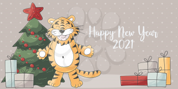 Astrological Symbol of 2022. Long New Year card in hand-draw style. Christmas tree, gifts, tiger. Pastel illustration for postcards, calendars