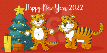 Astrological Symbol of 2022. Long New Year card in hand-draw style. Christmas tree, gifts. Two tigers. Bright illustration for postcards, calendars, posters