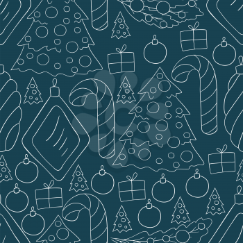 Blue seamless vector pattern with candy cane, Christmas tree decorations. Can be used for fabric, packaging, wrapping paper and etc