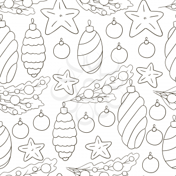 Coloring Pattern. Seamless vector pattern with stars, Christmas tree decorations. Can be used for fabric, packaging, wrapping paper, textile and etc