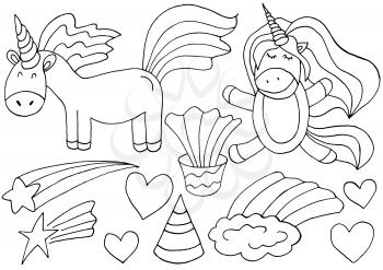 Coloring unicorn design elements in hand draw style. Girly fairy collection. Unicorn, horn, rainbow, heart. Unicorn cartoon style. Sign, sticker