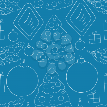 New Year. Blue Seamless vector pattern with Christmas tree decorations, gifts. Can be used for fabric, packaging, wrapping paper and etc
