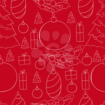 Red Seamless vector pattern with Christmas tree decorations, gifts. Can be used for fabric, packaging, wrapping paper and etc