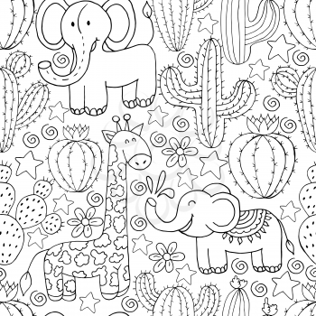 Seamless botanical illustration. Tropical pattern of different cacti, aloe, exotic animals. Elephant, giraffe, stars monochrome flowers