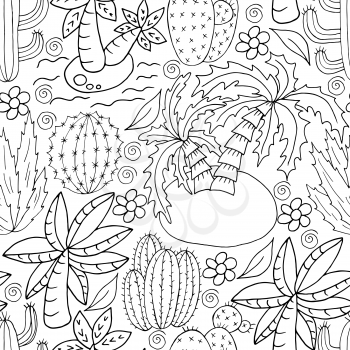 Seamless botanical illustration. Tropical pattern of different cacti, aloe, exotic animals. Palm trees, monochrome flowers