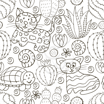 Seamless botanical illustration. Tropical pattern of different cacti, aloe, exotic animals. Turtle, leopard, cat, shells monochrome flowers