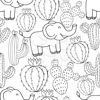 Seamless botanical illustration. Tropical pattern of monochrome cacti, aloe. Elephants, flowering exotic plants