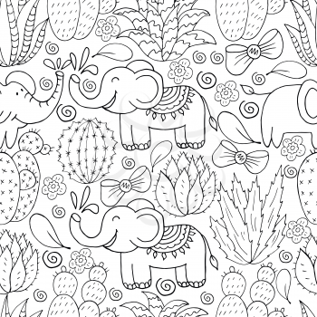 Seamless botanical illustration. Tropical pattern of various cacti, aloe. Elephants, bows, monochrome exotic plants