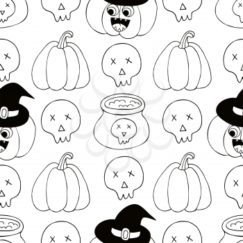 Seamless pattern for Halloween design. Vector illustration in hand draw style. Coloring print with cute pumpkins in witch hats and skulls