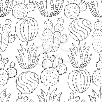 Seamless pattern of different cacti. Cute vector background of exotic plants. Tropical monochrome wallpaper. The trendy image is ideal for design creativity