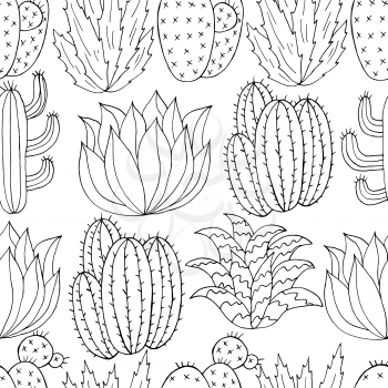 Seamless pattern of different cacti. Cute vector background of exotic plants. Tropical monochrome wallpaper. The trendy image is ideal for fabrics, design creativity