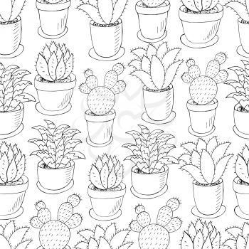 Seamless pattern of different cacti. Cute vector background of flowerpots. Tropical monochrome wallpaper. The trendy image is ideal for fabrics, backgrounds, design creativity