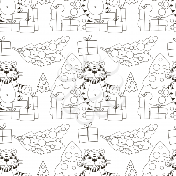 Seamless vector pattern for year of the tiger 2022. Pattern. Tiger, Christmas tree, gifts. Can be used for fabric, Coloring, wrapping paper, textile and etc