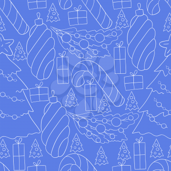 Seamless vector pattern with candy cane, Christmas tree decorations. Blue Pattern in hand draw style. Can be used for fabric and etc