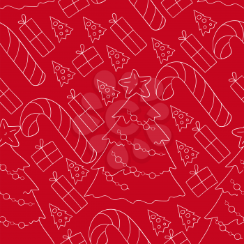 Seamless vector pattern with candy cane, gifts. Red background. Pattern in hand draw style. Can be used for fabric, wrapping paper and etc