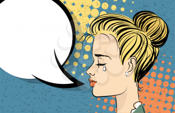 Beautiful blonde girl in style pop art crying. Comic book halftone background. Retro texture backdrop. Vector vintage dot back. Empty blank speech bubble. Comic text balloon box.