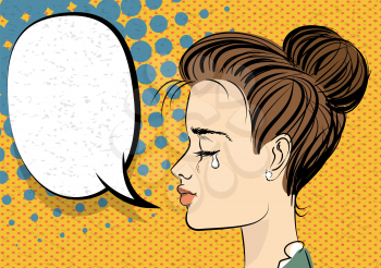 Beautiful brunette girl in style pop art crying. Comic book halftone background. Retro texture backdrop. Vector vintage dot back. Empty blank speech bubble. Comic text balloon box.