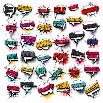 Big set colored comic text sound effects pop art style. Collection vector bubble icon speech phrase, cartoon exclusive font label tag expression, sounds illustration background. Comics book balloon
