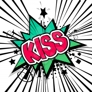 Lettering kiss, mwah, love, romance. Comic text sound effects. Cartoon exclusive font label tag expression. Sounds vector illustration. Bubble icon speech phrase. Comics book balloon.