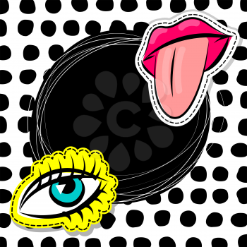 Fashion patch badges elements with lips eye, comic speech bubbles on round point background. Vector illustration. Woman stickers, pins, patches in cartoon 80s-90s comic text style balloon.