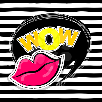 Fashion patch badges elements lips, comic speech bubbles line striped background. Vector illustration lettering wow. Woman stickers, pins, patches cartoon 80s-90s comic text style balloon.