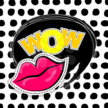 Fashion patch badges elements lips, comic speech bubbles round point background. Vector illustration lettering wow. Woman stickers, pins, patches cartoon 80s-90s comic text style balloon.