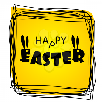 Silhouette of Bunny with long ears. Greeting Happy Easter from ugly monsters funny rabbits. Lettering Easter.  Funny party invitation. Congratulations. Yellow vector illustration.