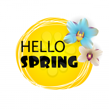 Hello spring lettering. Floral tropical background. Beautiful colored realistic orchids. Greetings, international womens day, mothers day. Spring sale banner. Sunny vector illustration.