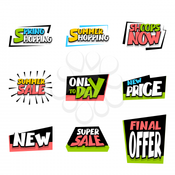 Big set sale advertising web label badge. Vector illustration offer best price and discount. Special offer tag colored paper banner for print. Summer, Spring, Winter sticker rates.